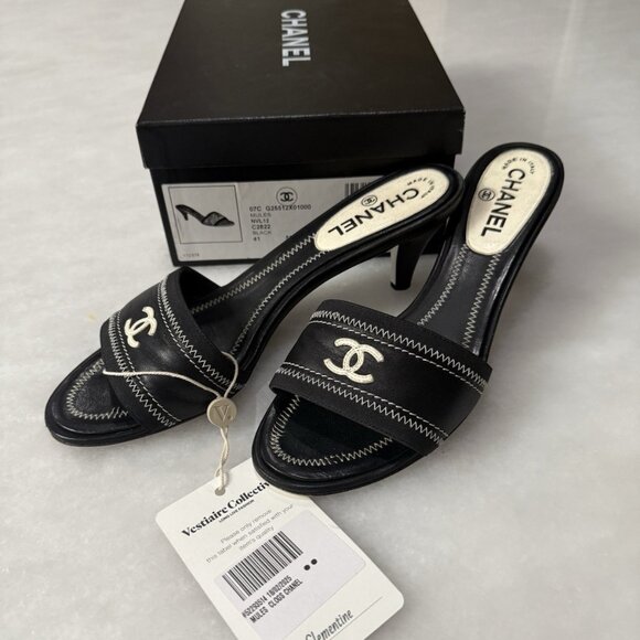 CHANEL CC LOGO LEATHER MULES SHOES HEELS BLACK - Picture 1 of 8